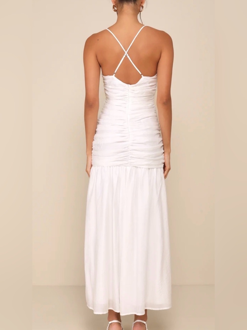 Lulus Dream Elegance Drop Waist White Ruched Midi Dress Rosette Small - Picture 3 of 10